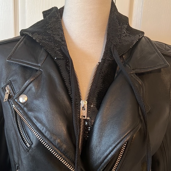 - IRO Women’s Riley Black leather jacket with sequin insert Size 42 - Picture 2 of 11